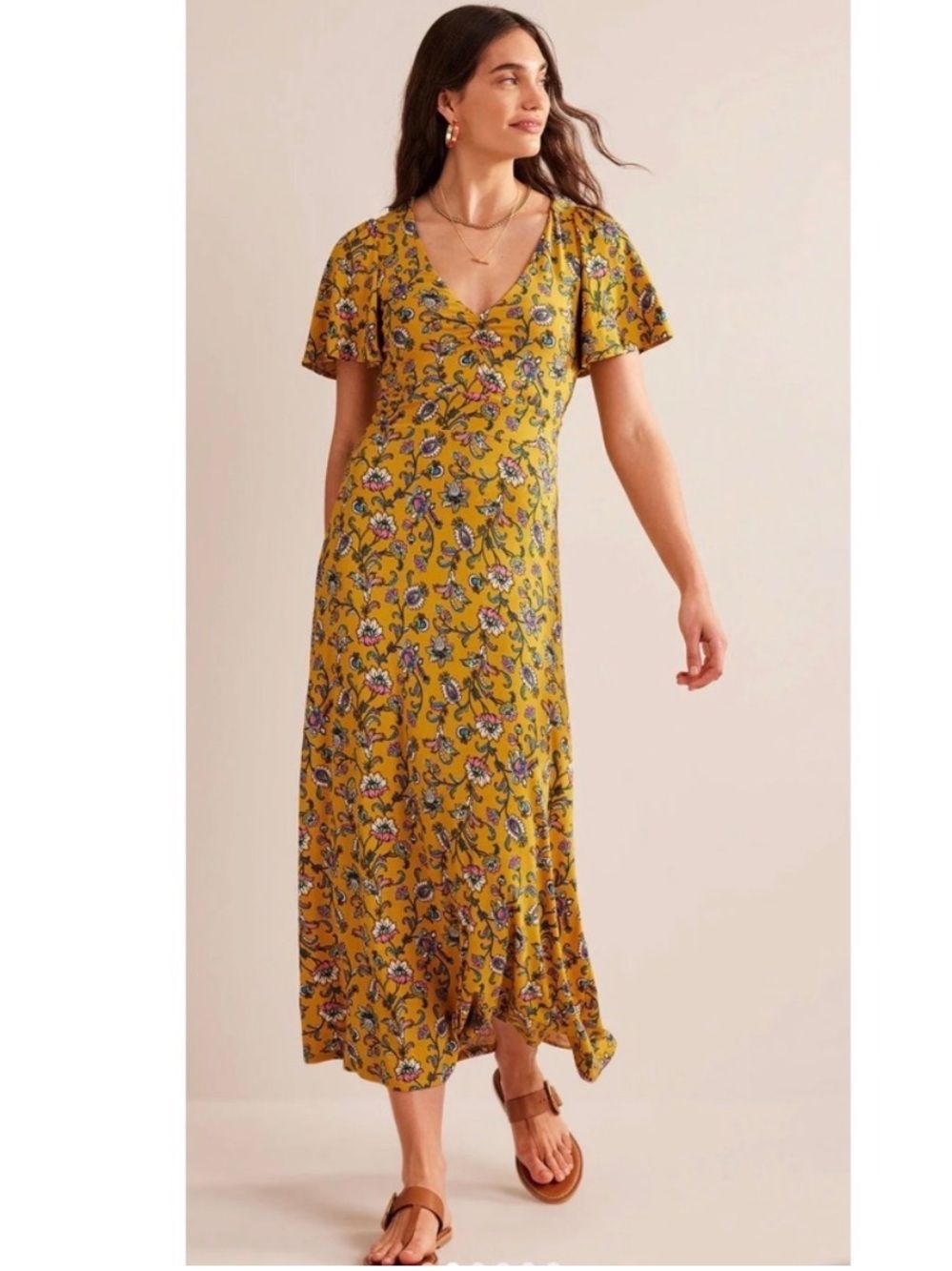 Boden Yellow Floral Print Long Knit Midi Maxi Dress Size 12